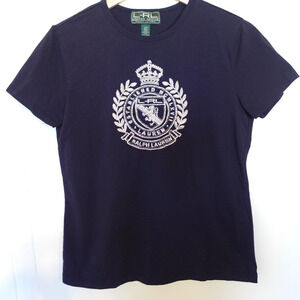 Vintage Ralph Lauren Shirt Womens Small Navy Crest Rhinestone Logo Old Money 90s